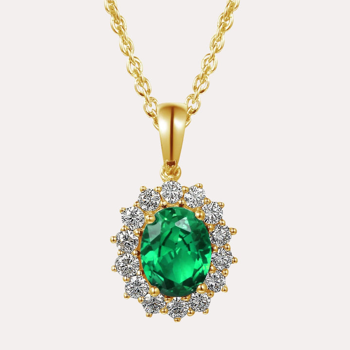 Oval Shape Emerald Halo Cluster Pendant Necklace In 18K Gold - The Jewelyst. - Oval Shape Emerald Halo Cluster Pendant Necklace In 18K Gold