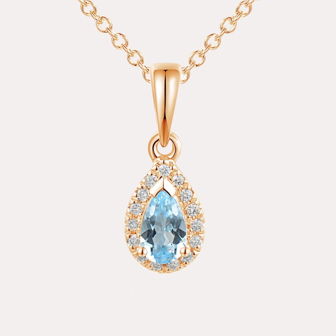 Pear Aquamarine Halo Pendant Necklace In 18K Gold - The Jewelyst. - Pear Aquamarine Halo Pendant Necklace In 18K Gold