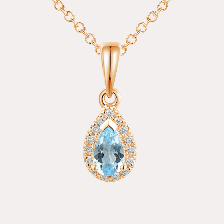 Pear Aquamarine Halo Pendant Necklace In 18K Gold - The Jewelyst. - Pear Aquamarine Halo Pendant Necklace In 18K Gold