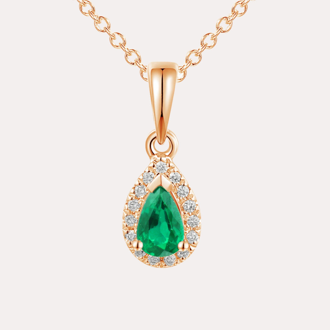 Pear Emerald Halo Pendant Necklace In 18K Gold - The Jewelyst. - Pear Emerald Halo Pendant Necklace In 18K Gold