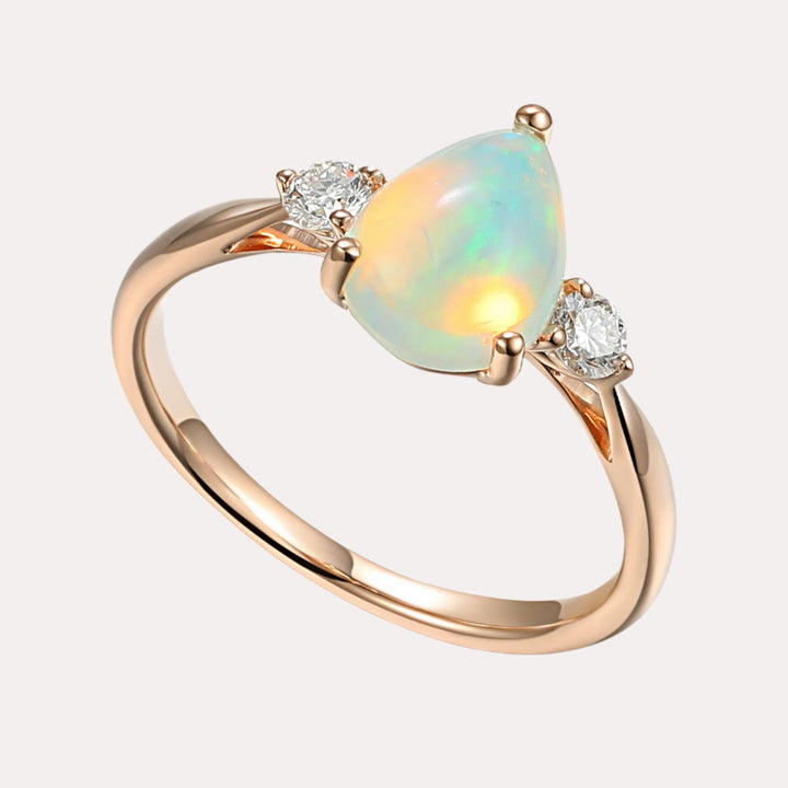 Pear Opal & Round Brilliant Cut Diamond 3 Stone Ring - The Jewelyst. - Pear Opal & Round Brilliant Cut Diamond 3 Stone Ring
