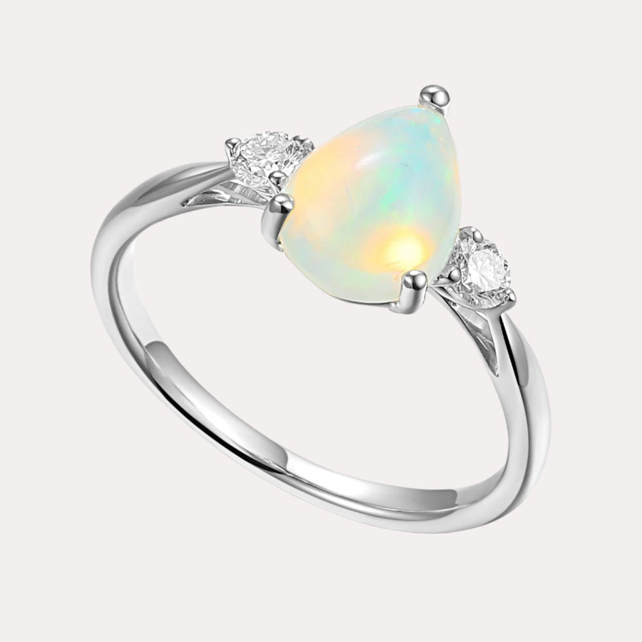 Pear Opal & Round Brilliant Cut Diamond 3 Stone Ring - The Jewelyst. - Pear Opal & Round Brilliant Cut Diamond 3 Stone Ring