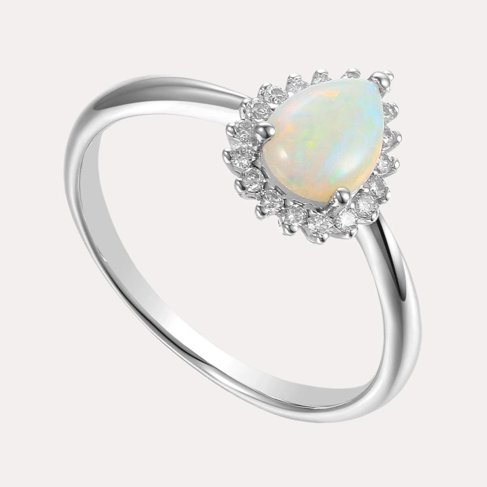 Pear Opal & Round Brilliant Cut Diamond Cluster Ring - The Jewelyst. - Pear Opal & Round Brilliant Cut Diamond Cluster Ring