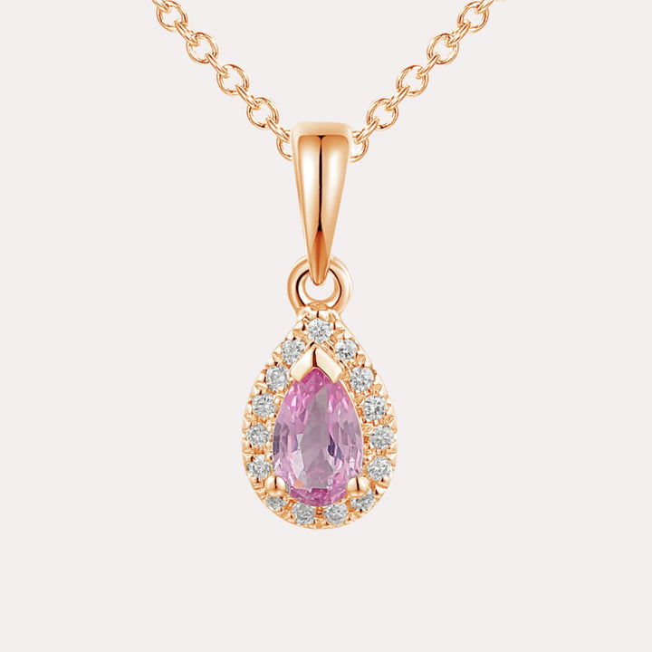 Pear Pink Sapphire Halo Pendant Necklace In 18K Gold - The Jewelyst. - Pear Pink Sapphire Halo Pendant Necklace In 18K Gold