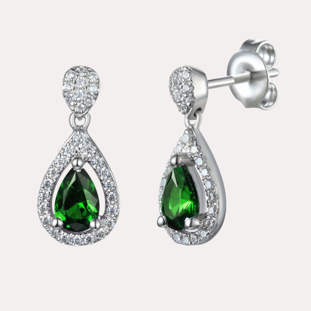 Pear Shape Emerald Halo Drop Earrings In 18K Gold - The Jewelyst. - Pear Shape Emerald Halo Drop Earrings In 18K Gold