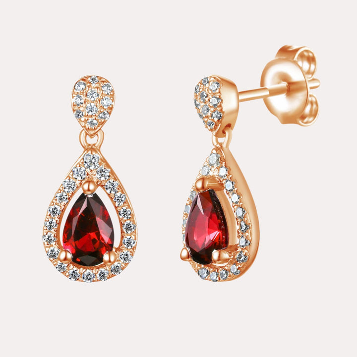 Pear Shape Ruby Halo Drop Earrings In 18K Gold - The Jewelyst. - Pear Shape Ruby Halo Drop Earrings In 18K Gold