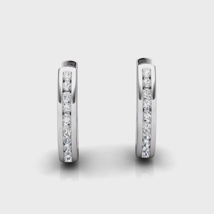 Channel Set Round Brilliant Diamond Hoop Earrings In 18K Gold