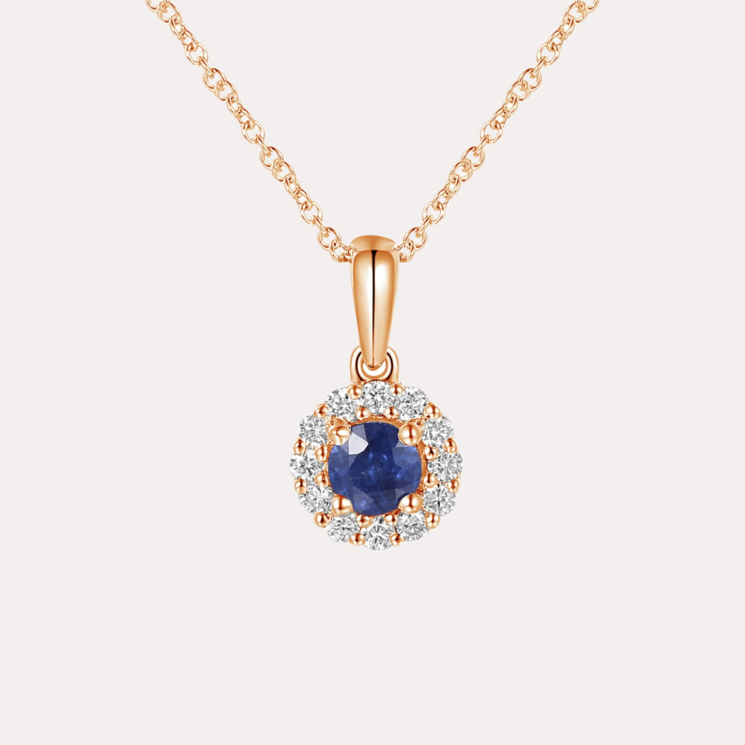 Round Blue Sapphire & Diamond Halo Pendant Necklace In 18K Gold - The Jewelyst. - Round Blue Sapphire & Diamond Halo Pendant Necklace In 18K Gold