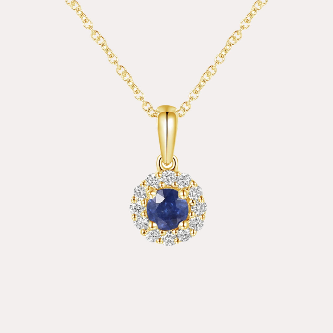 Round Blue Sapphire & Diamond Halo Pendant Necklace In 18K Gold - The Jewelyst. - Round Blue Sapphire & Diamond Halo Pendant Necklace In 18K Gold