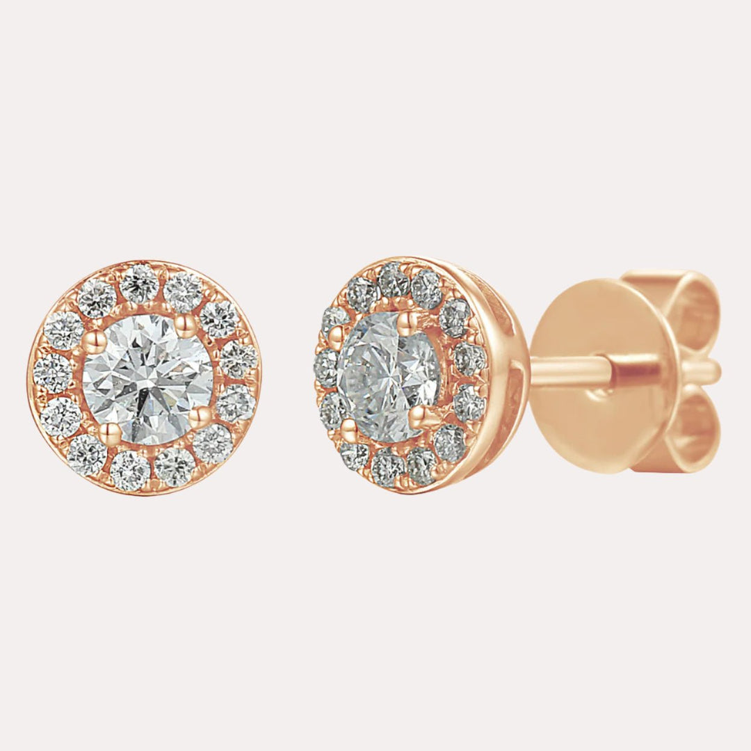 Round Brilliant Diamond Halo Stud Earrings In 18K Gold - The Jewelyst. - Round Brilliant Diamond Halo Stud Earrings In 18K Gold