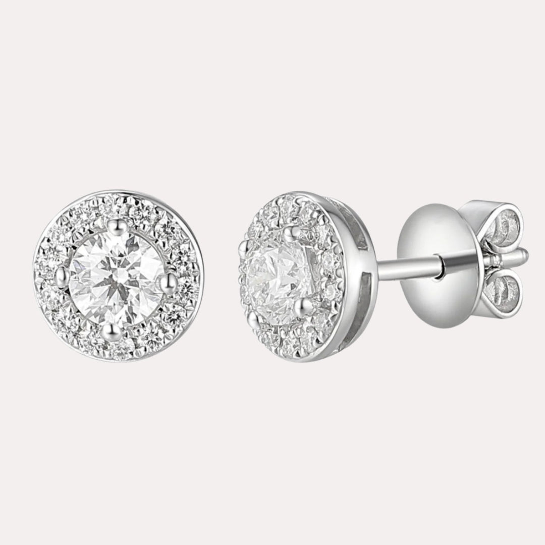 Round Brilliant Diamond Halo Stud Earrings In 18K Gold - The Jewelyst. - Round Brilliant Diamond Halo Stud Earrings In 18K Gold
