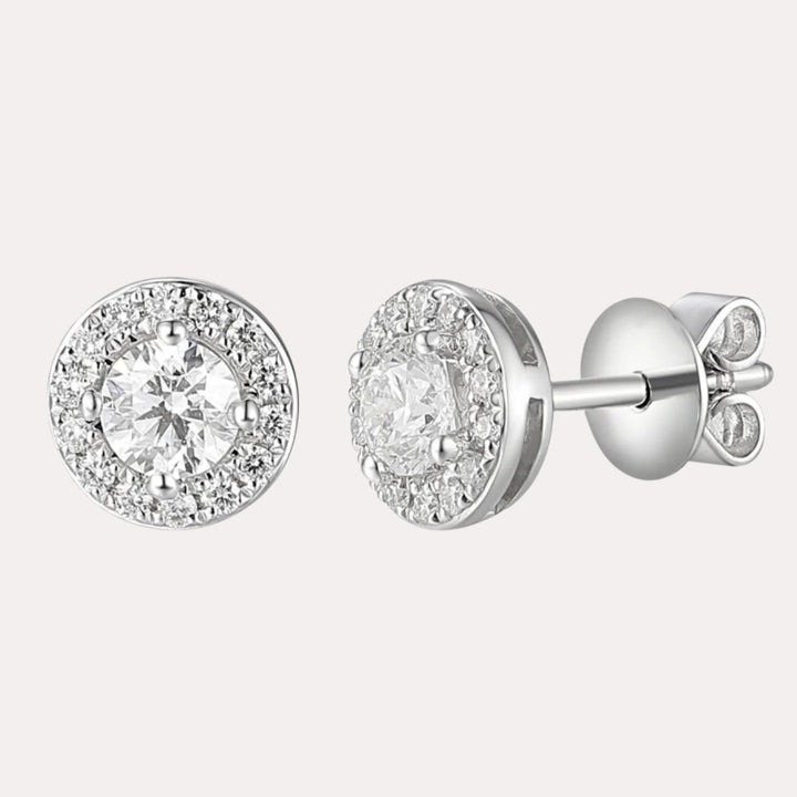 Round Brilliant Diamond Halo Stud Earrings In 18K Gold - The Jewelyst. - Round Brilliant Diamond Halo Stud Earrings In 18K Gold