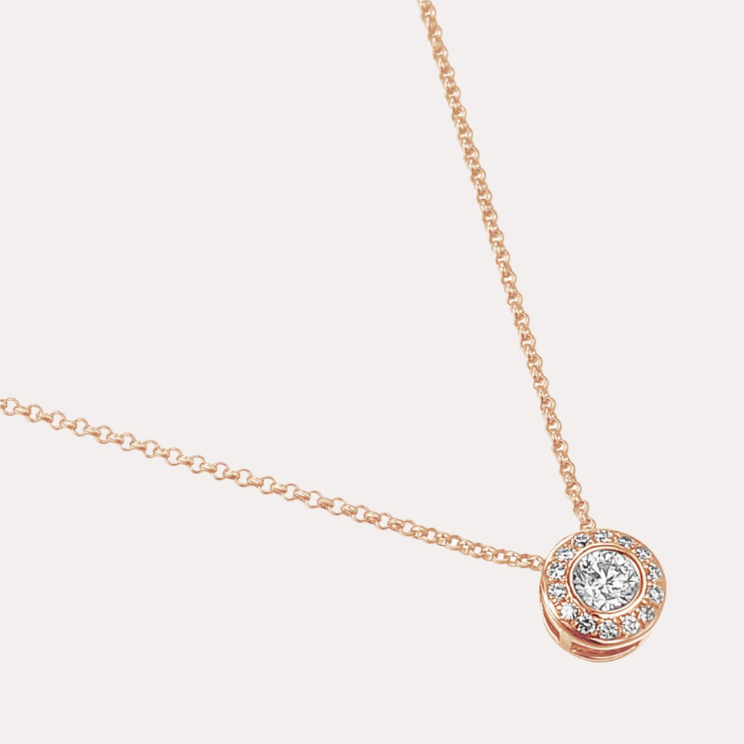 Round Brilliant Rubover Set Diamond Halo Pendant Necklace In 18K Gold - The Jewelyst. - Round Brilliant Rubover Set Diamond Halo Pendant Necklace In 18K Gold