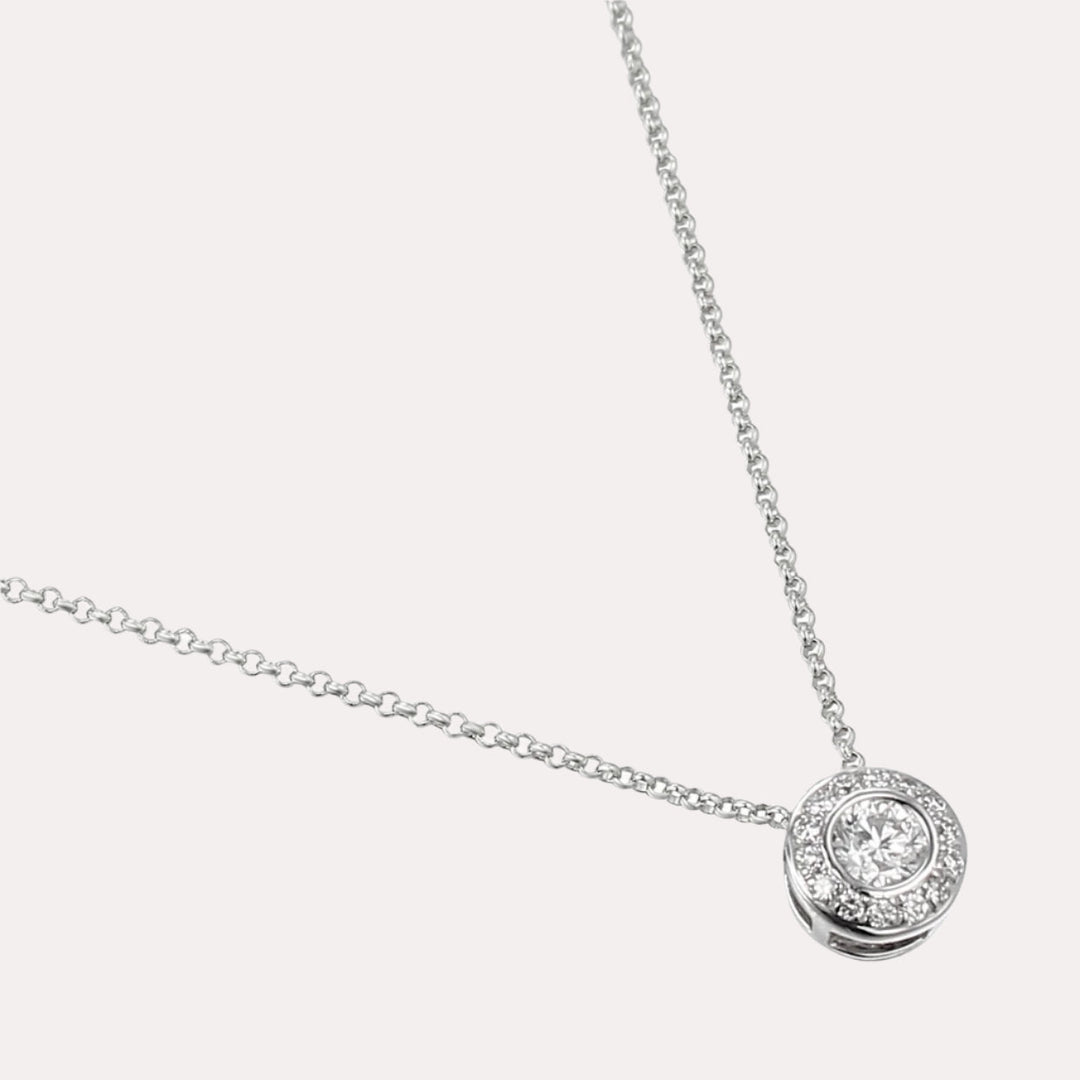 Round Brilliant Rubover Set Diamond Halo Pendant Necklace In 18K Gold - The Jewelyst. - Round Brilliant Rubover Set Diamond Halo Pendant Necklace In 18K Gold