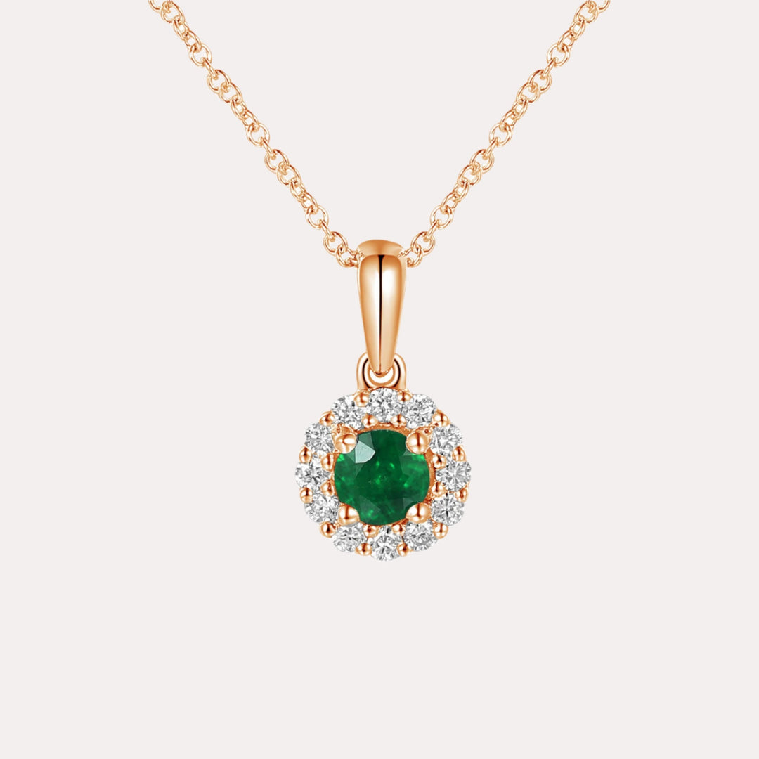 Round Emerald & Diamond Halo Pendant Necklace In 18K Gold - The Jewelyst. - Round Emerald & Diamond Halo Pendant Necklace In 18K Gold