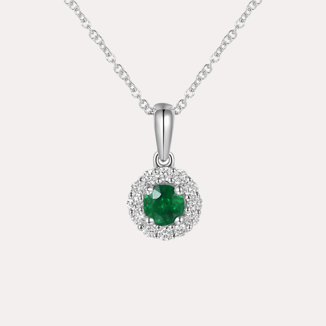 Round Emerald & Diamond Halo Pendant Necklace In 18K Gold - The Jewelyst. - Round Emerald & Diamond Halo Pendant Necklace In 18K Gold