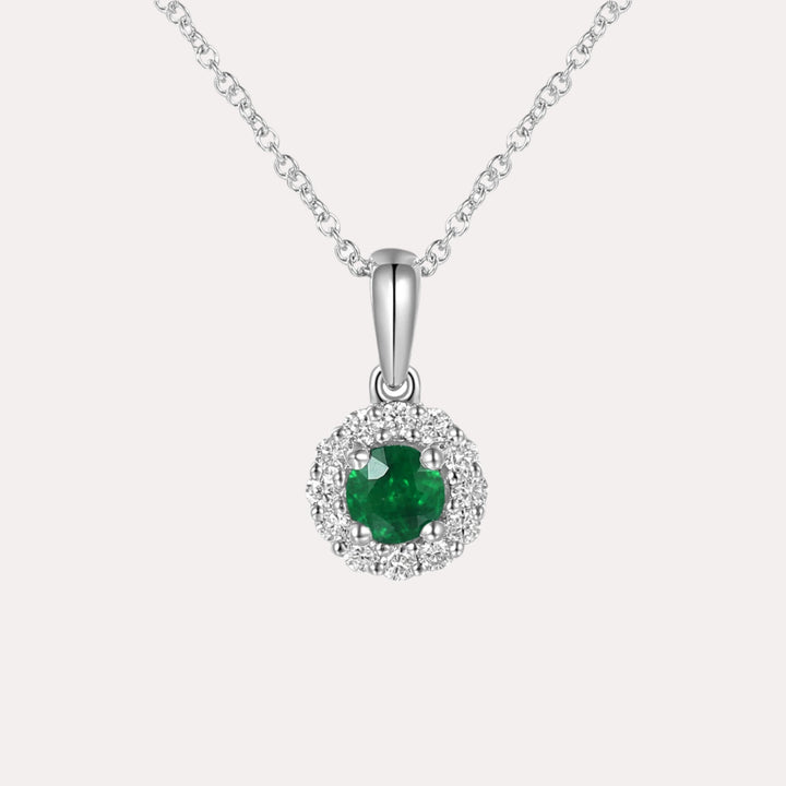 Round Emerald & Diamond Halo Pendant Necklace In 18K Gold - The Jewelyst. - Round Emerald & Diamond Halo Pendant Necklace In 18K Gold