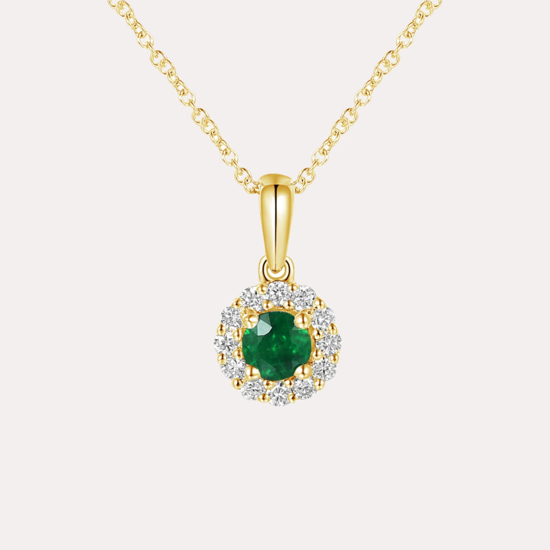 Round Emerald & Diamond Halo Pendant Necklace In 18K Gold - The Jewelyst. - Round Emerald & Diamond Halo Pendant Necklace In 18K Gold