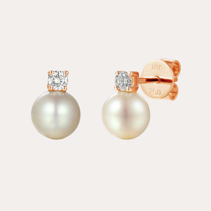 Round Pearl & Diamond Drop Earrings In 18K Gold - The Jewelyst. - Round Pearl & Diamond Drop Earrings In 18K Gold