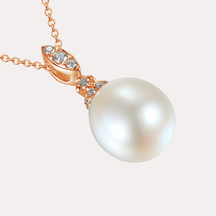 Round Pearl & Diamond Drop Pendant Necklace In 18K Gold - The Jewelyst. - Round Pearl & Diamond Drop Pendant Necklace In 18K Gold
