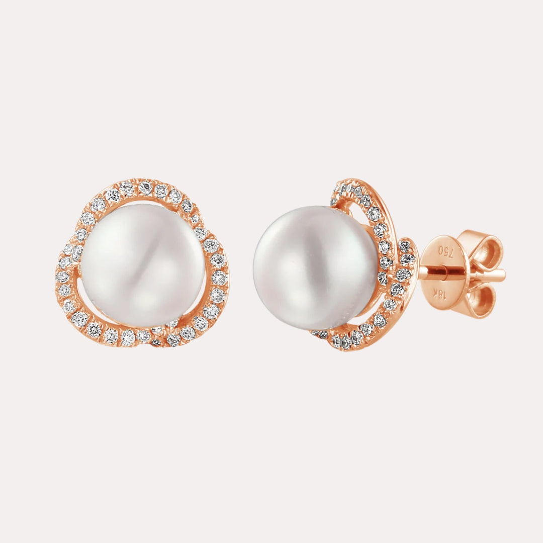 Round Pearl & Diamond Halo Earrings In 18K Gold - The Jewelyst. - Round Pearl & Diamond Halo Earrings In 18K Gold