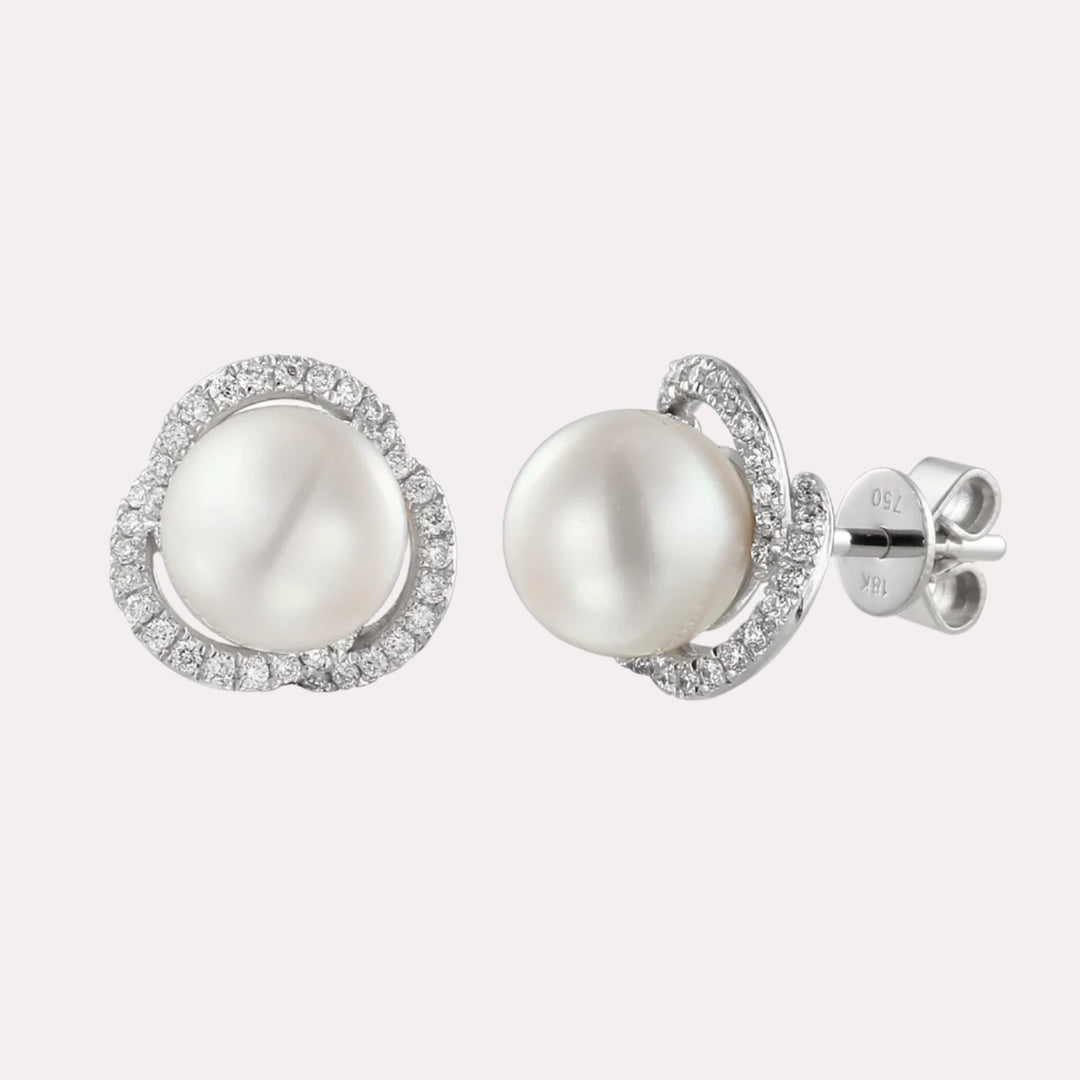 Round Pearl & Diamond Halo Earrings In 18K Gold - The Jewelyst. - Round Pearl & Diamond Halo Earrings In 18K Gold