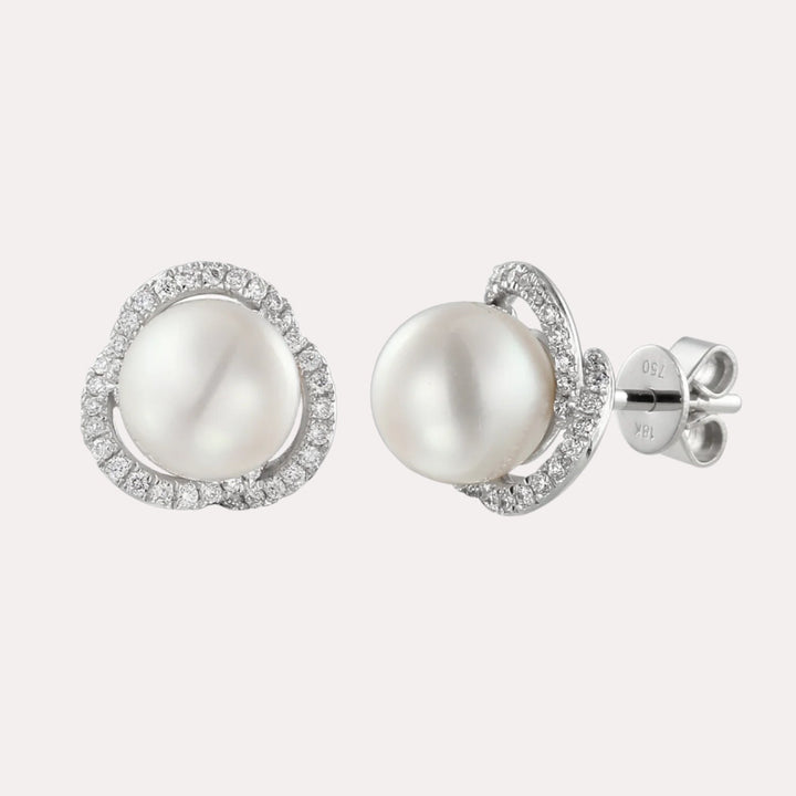Round Pearl & Diamond Halo Earrings In 18K Gold - The Jewelyst. - Round Pearl & Diamond Halo Earrings In 18K Gold