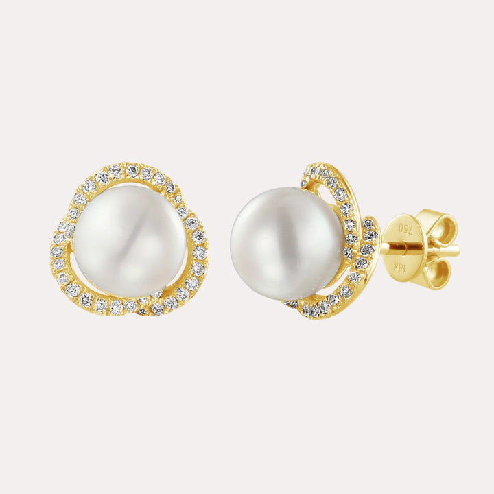 Round Pearl & Diamond Halo Earrings In 18K Gold - The Jewelyst. - Round Pearl & Diamond Halo Earrings In 18K Gold