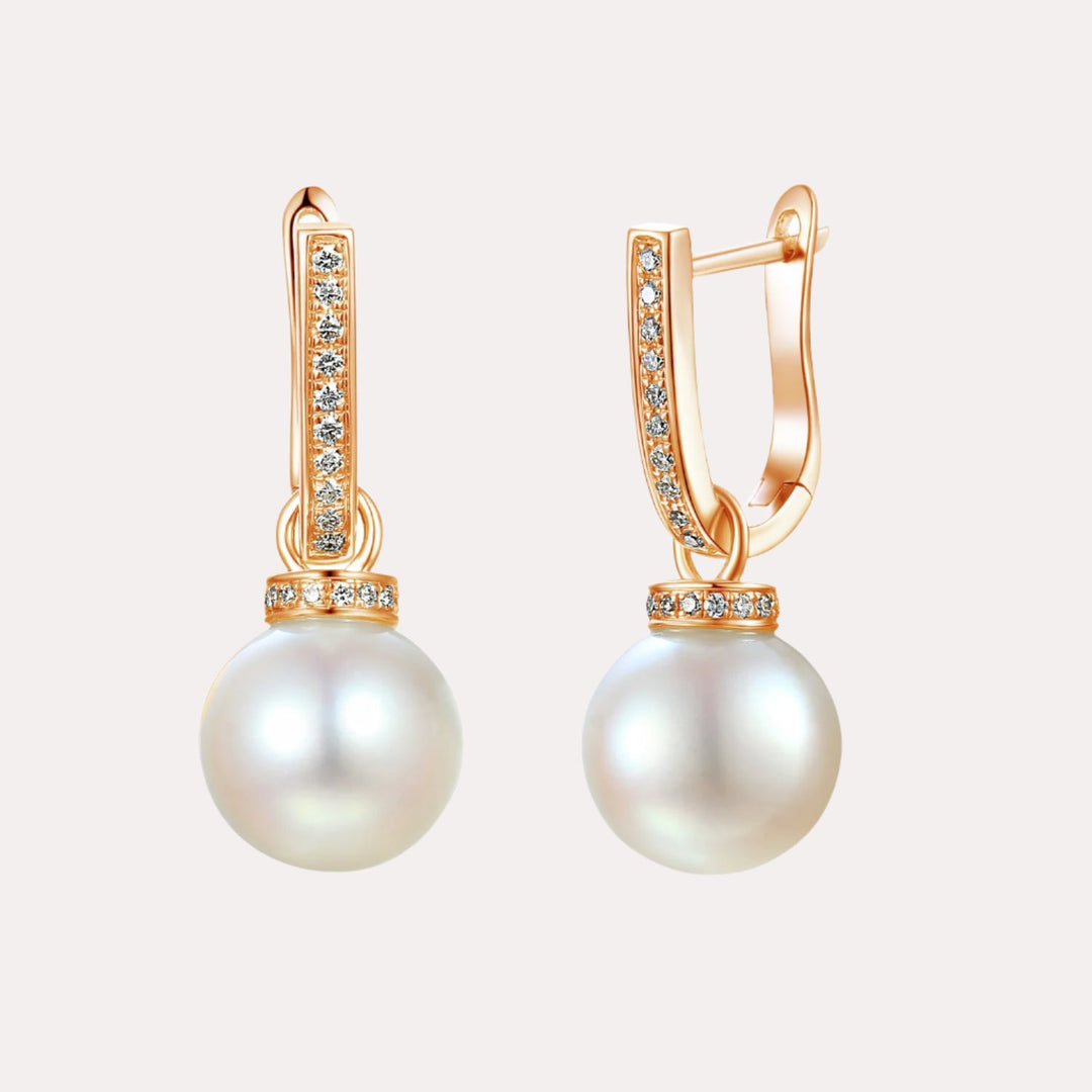 Round Pearl & Pavé Diamond Drop Earrings In 18K Gold - The Jewelyst. - Round Pearl & Pavé Diamond Drop Earrings In 18K Gold