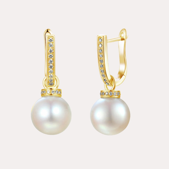Round Pearl & Pavé Diamond Drop Earrings In 18K Gold - The Jewelyst. - Round Pearl & Pavé Diamond Drop Earrings In 18K Gold