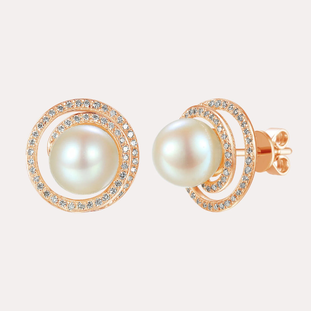 Round Pearl Pavé Swirl Halo Earrings In 18K Gold - The Jewelyst. - Round Pearl Pavé Swirl Halo Earrings In 18K Gold