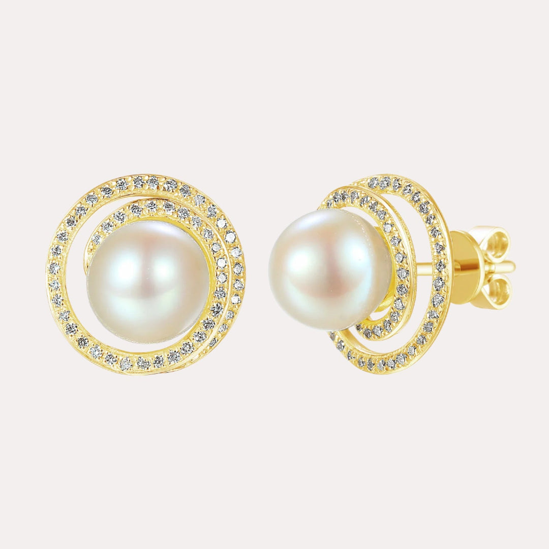 Round Pearl Pavé Swirl Halo Earrings In 18K Gold - The Jewelyst. - Round Pearl Pavé Swirl Halo Earrings In 18K Gold