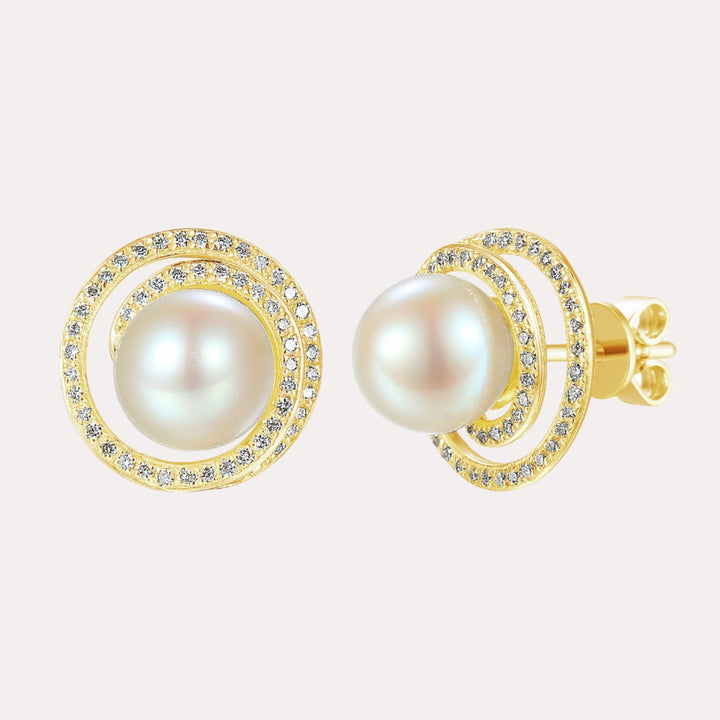 Round Pearl Pavé Swirl Halo Earrings In 18K Gold - The Jewelyst. - Round Pearl Pavé Swirl Halo Earrings In 18K Gold