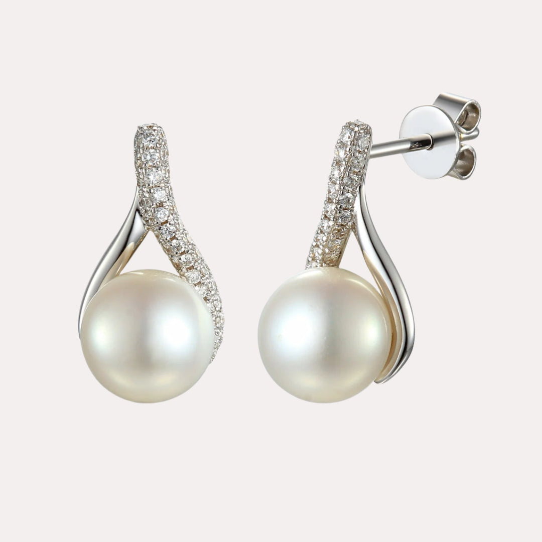 Round Pearl Pavé Tulip Drop Studs In 18K Gold - The Jewelyst. - Round Pearl Pavé Tulip Drop Studs In 18K Gold