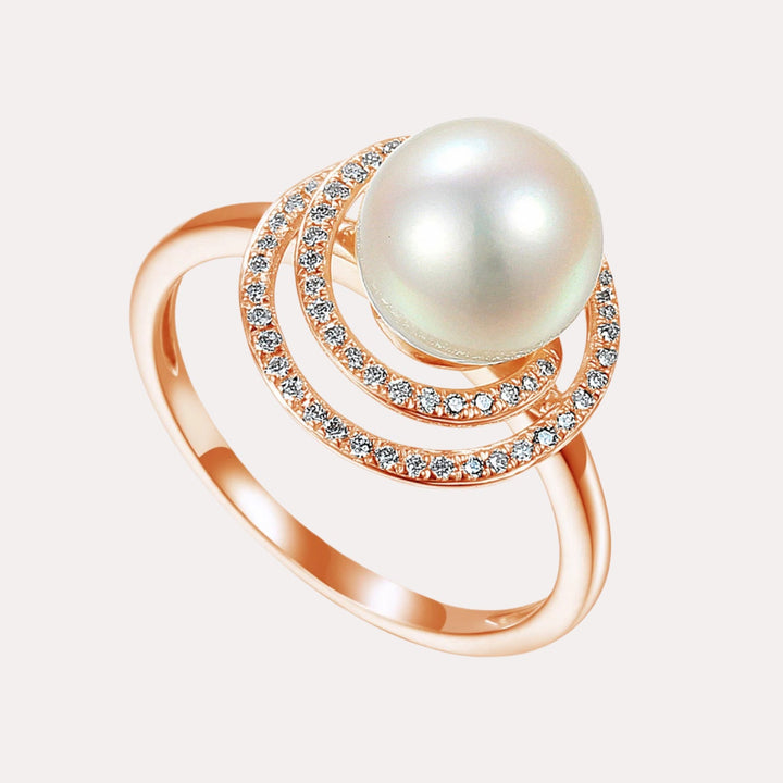 Round Pearl & Round Brilliant Cut Diamond Halo Twirl Ring - The Jewelyst. - Round Pearl & Round Brilliant Cut Diamond Halo Twirl Ring