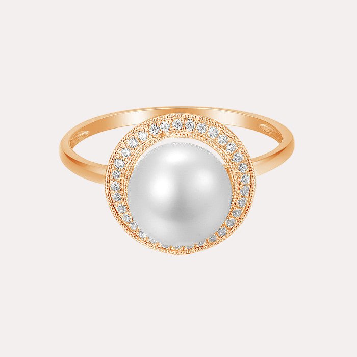 Round Pearl & Round Brilliant Cut Diamond Millgrain Set Halo Ring - The Jewelyst. - Round Pearl & Round Brilliant Cut Diamond Millgrain Set Halo Ring