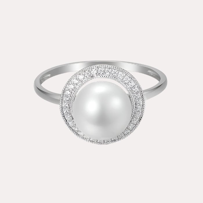 Round Pearl & Round Brilliant Cut Diamond Millgrain Set Halo Ring - The Jewelyst. - Round Pearl & Round Brilliant Cut Diamond Millgrain Set Halo Ring
