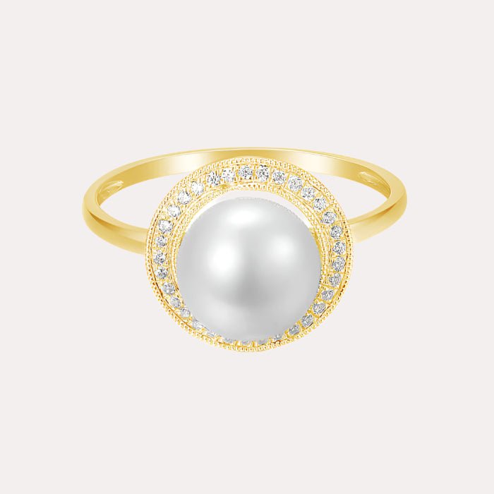 Round Pearl & Round Brilliant Cut Diamond Millgrain Set Halo Ring - The Jewelyst. - Round Pearl & Round Brilliant Cut Diamond Millgrain Set Halo Ring