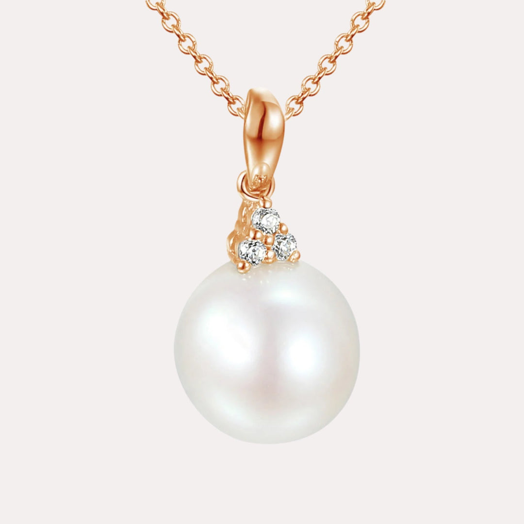 Round Pearl Trio Diamond Drop Pendant Necklace In 18K Gold - The Jewelyst. - Round Pearl Trio Diamond Drop Pendant Necklace In 18K Gold