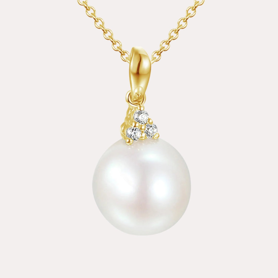 Round Pearl Trio Diamond Drop Pendant Necklace In 18K Gold - The Jewelyst. - Round Pearl Trio Diamond Drop Pendant Necklace In 18K Gold