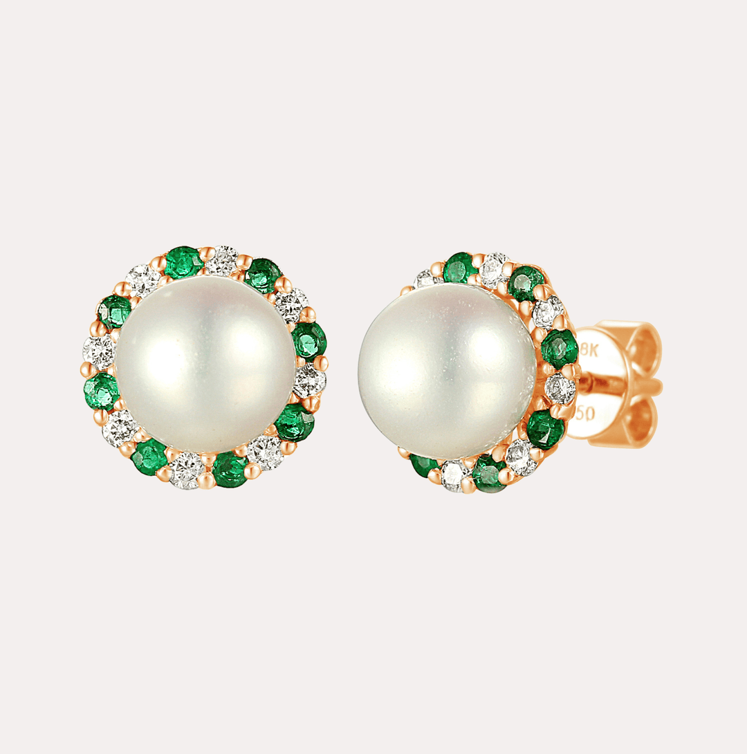 Round Pearl With Diamond & Emerald Halo Earrings In 18K Gold - The Jewelyst. - Round Pearl With Diamond & Emerald Halo Earrings In 18K Gold
