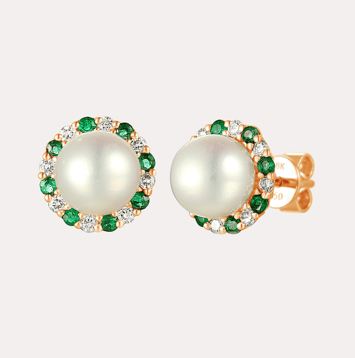 Round Pearl With Diamond & Emerald Halo Earrings In 18K Gold - The Jewelyst. - Round Pearl With Diamond & Emerald Halo Earrings In 18K Gold