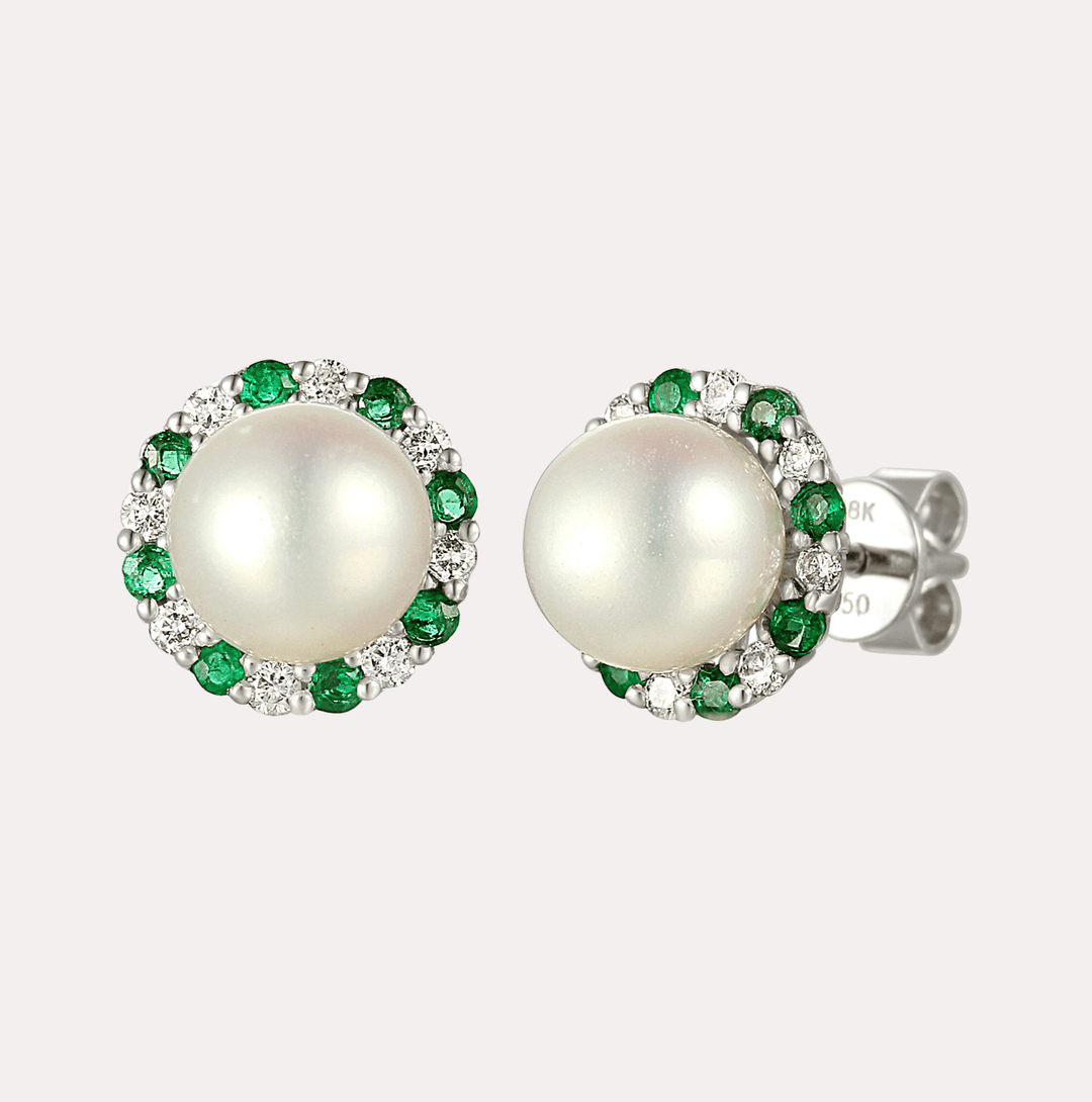 Round Pearl With Diamond & Emerald Halo Earrings In 18K Gold - The Jewelyst. - Round Pearl With Diamond & Emerald Halo Earrings In 18K Gold