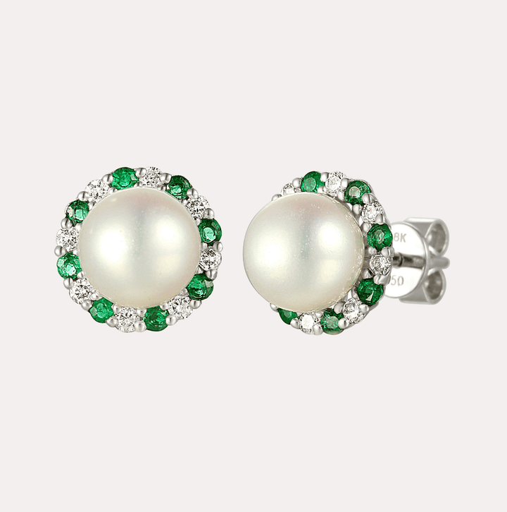 Round Pearl With Diamond & Emerald Halo Earrings In 18K Gold - The Jewelyst. - Round Pearl With Diamond & Emerald Halo Earrings In 18K Gold