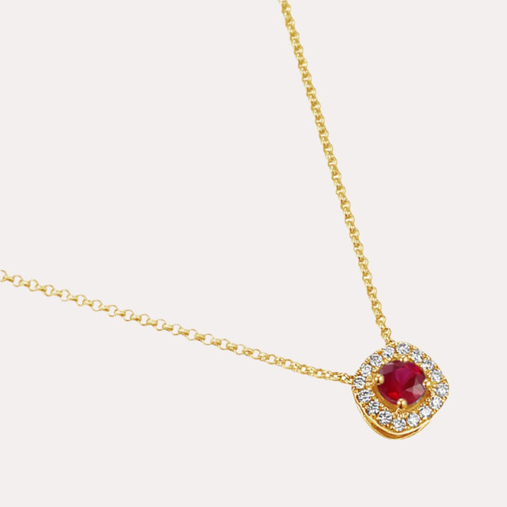 Round Ruby & Diamond Cushion Shape Halo Pendant Necklace In 18K Gold - The Jewelyst. - Round Ruby & Diamond Cushion Shape Halo Pendant Necklace In 18K Gold