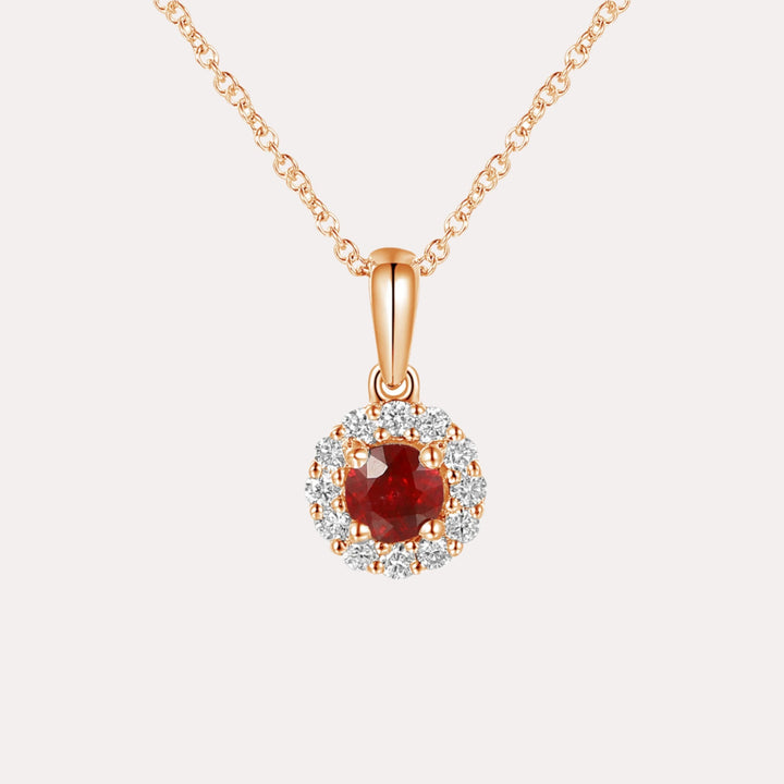 Round Ruby & Diamond Halo Pendant Necklace In 18K Gold - The Jewelyst. - Round Ruby & Diamond Halo Pendant Necklace In 18K Gold