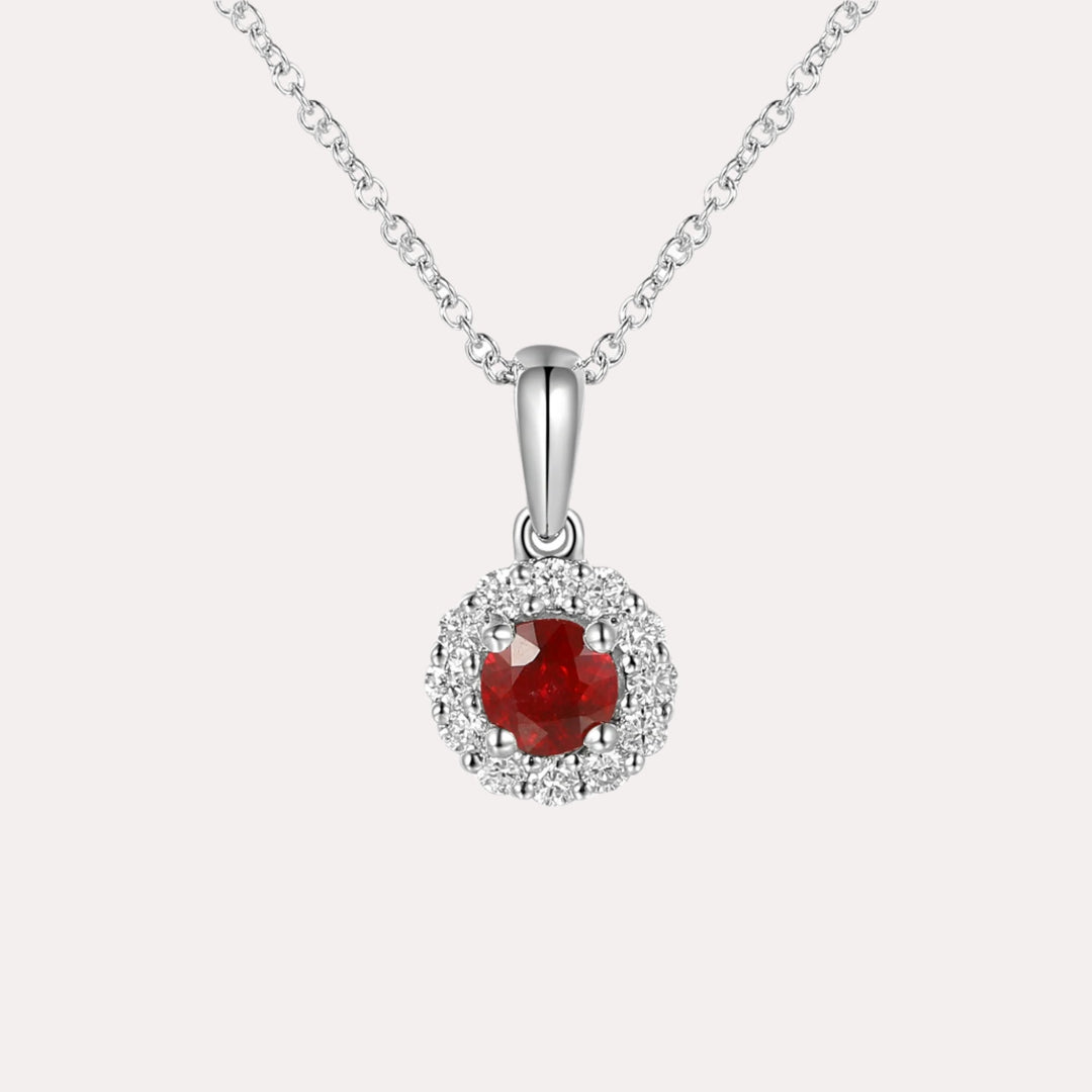 Round Ruby & Diamond Halo Pendant Necklace In 18K Gold - The Jewelyst. - Round Ruby & Diamond Halo Pendant Necklace In 18K Gold