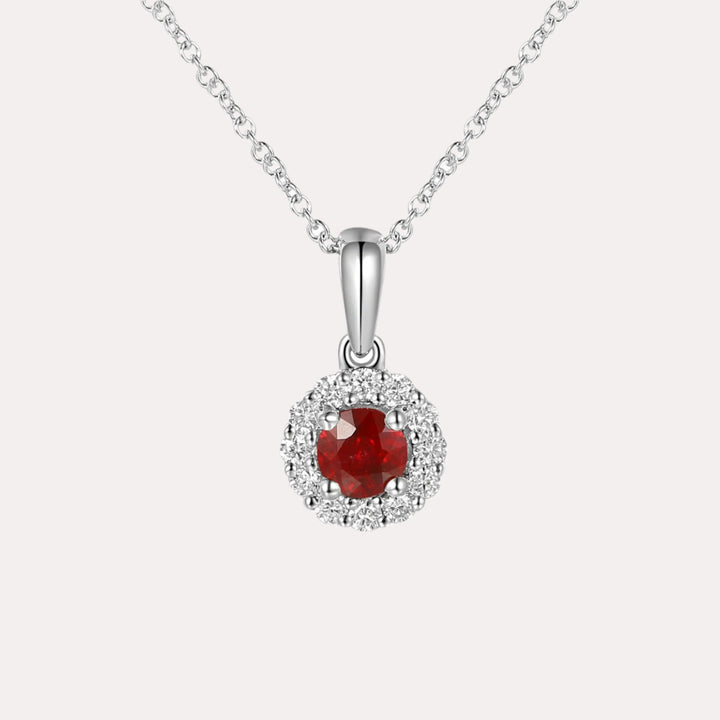 Round Ruby & Diamond Halo Pendant Necklace In 18K Gold - The Jewelyst. - Round Ruby & Diamond Halo Pendant Necklace In 18K Gold