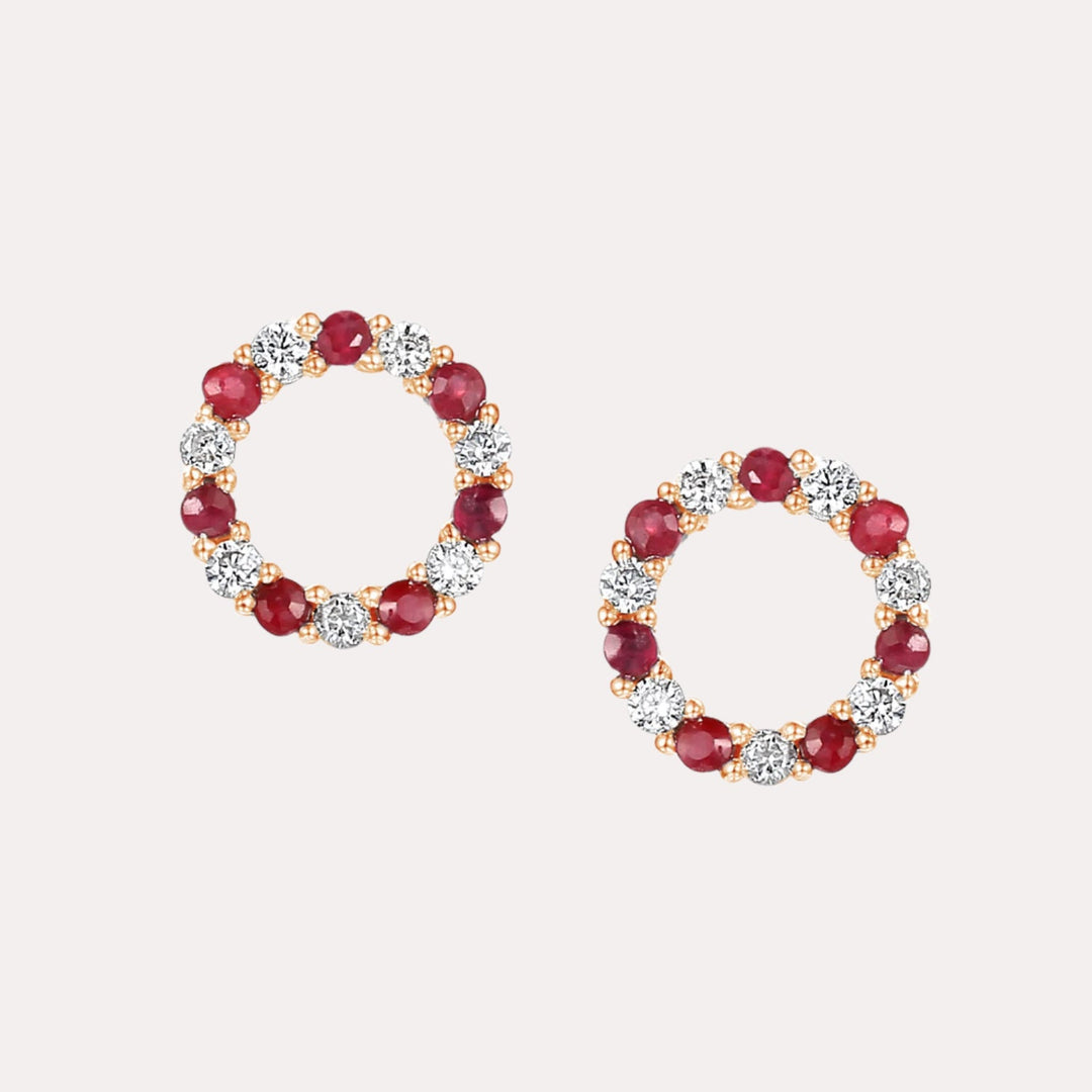 Ruby & Diamond Circle Earrings In 18K Gold - The Jewelyst. - Ruby & Diamond Circle Earrings In 18K Gold