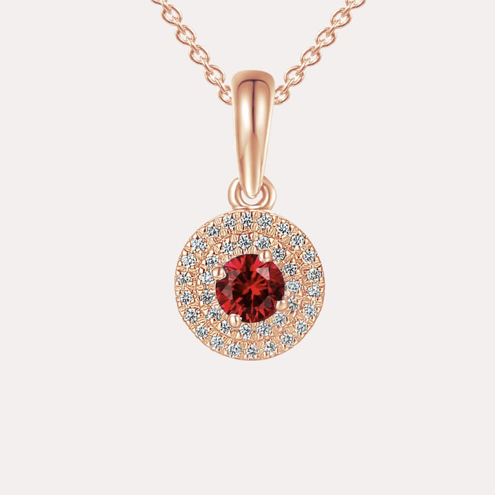Ruby & Diamond Double Halo Pendant Necklace In 18K Gold - The Jewelyst. - Ruby & Diamond Double Halo Pendant Necklace In 18K Gold